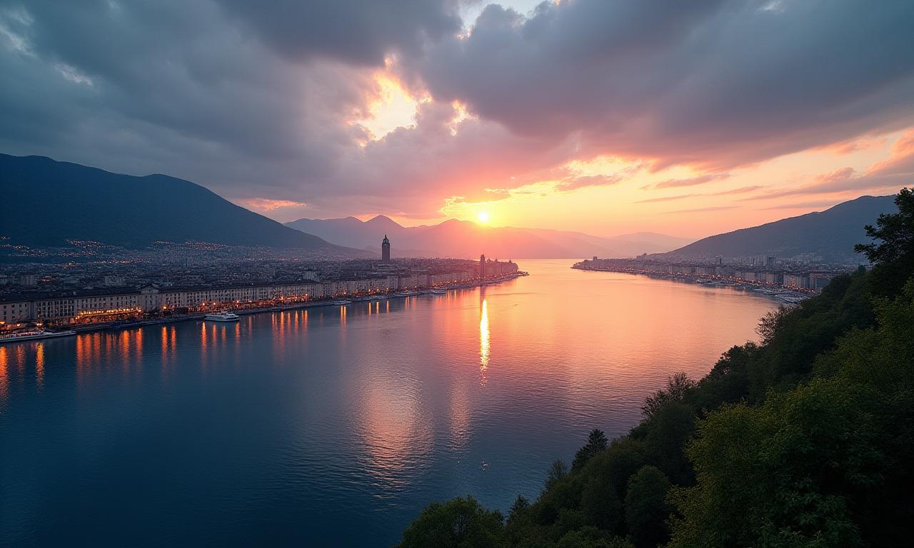 Panoramablick auf Zürich und den Zürichsee bei Sonnenaufgang